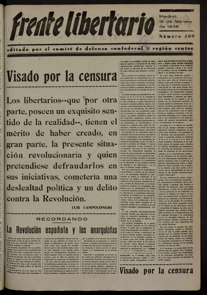 Miniatura de Frente Libertario: Órgano de las Milicias Confederales del 16 de febrero de 1938