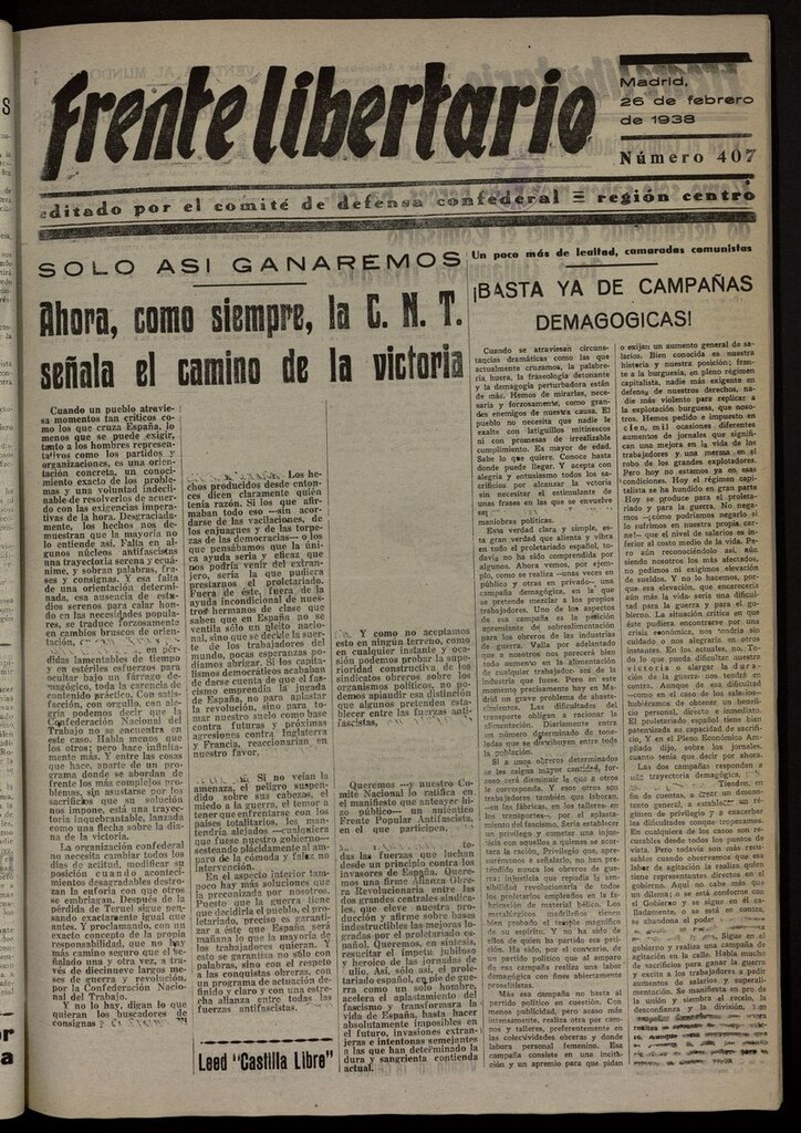 Miniatura de Frente Libertario: Órgano de las Milicias Confederales del 26 de febrero de 1938