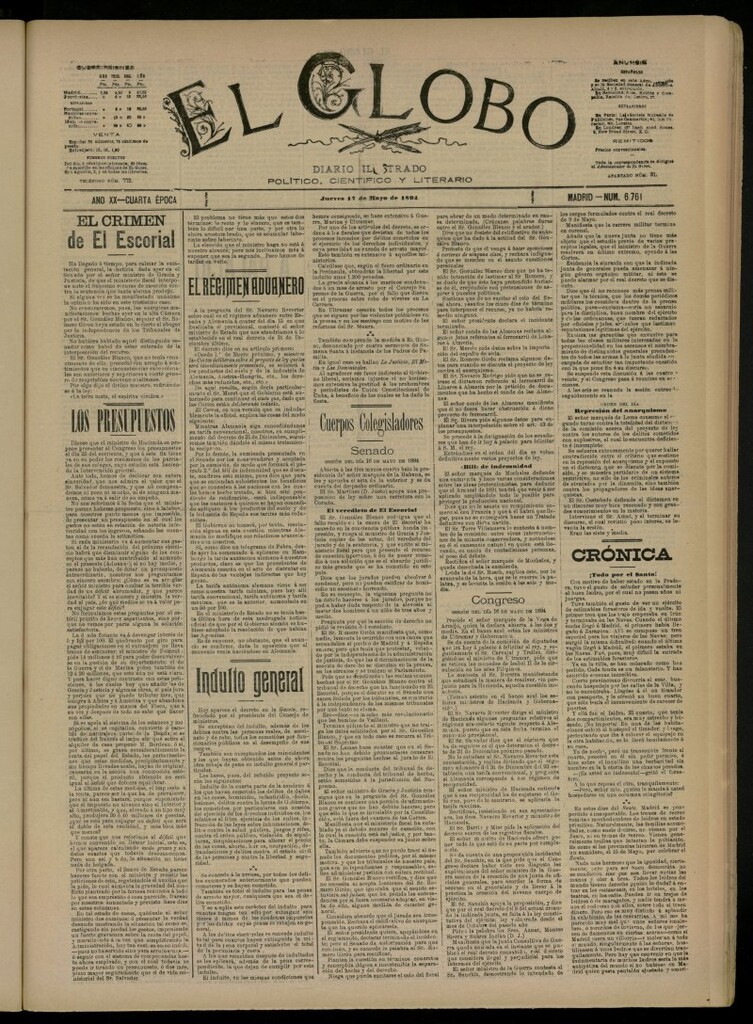 Miniatura de El Globo : diario ilustrado del 17 de mayo de 1894, nº 6761