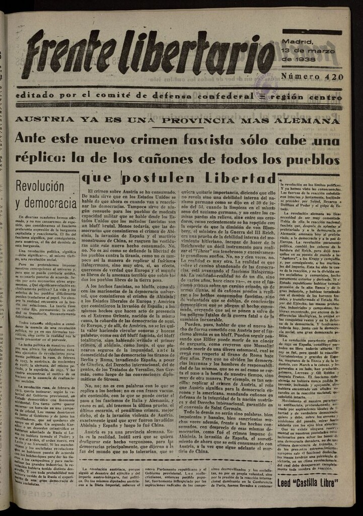 Miniatura de Frente Libertario: Órgano de las Milicias Confederales del 13 de marzo de 1938