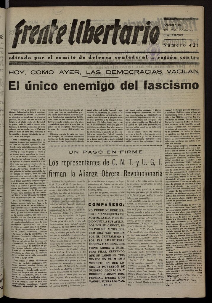 Miniatura de Frente Libertario: Órgano de las Milicias Confederales del 15 de marzo de 1938
