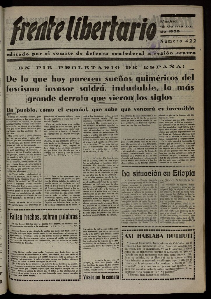 Miniatura de Frente Libertario: Órgano de las Milicias Confederales del 16 de marzo  de1938