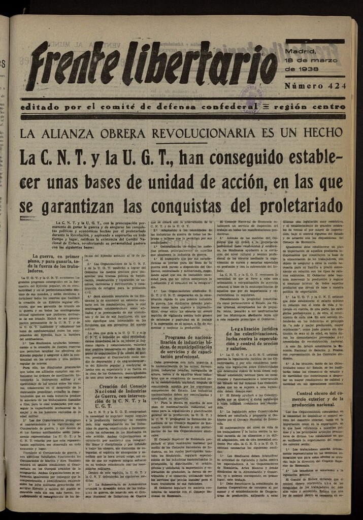 Miniatura de Frente Libertario: Órgano de las Milicias Confederales del 18 de marzo de 1938