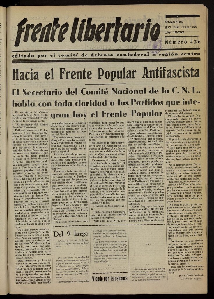 Miniatura de Frente Libertario: Órgano de las Milicias Confederales del 20 de marzo de 1938