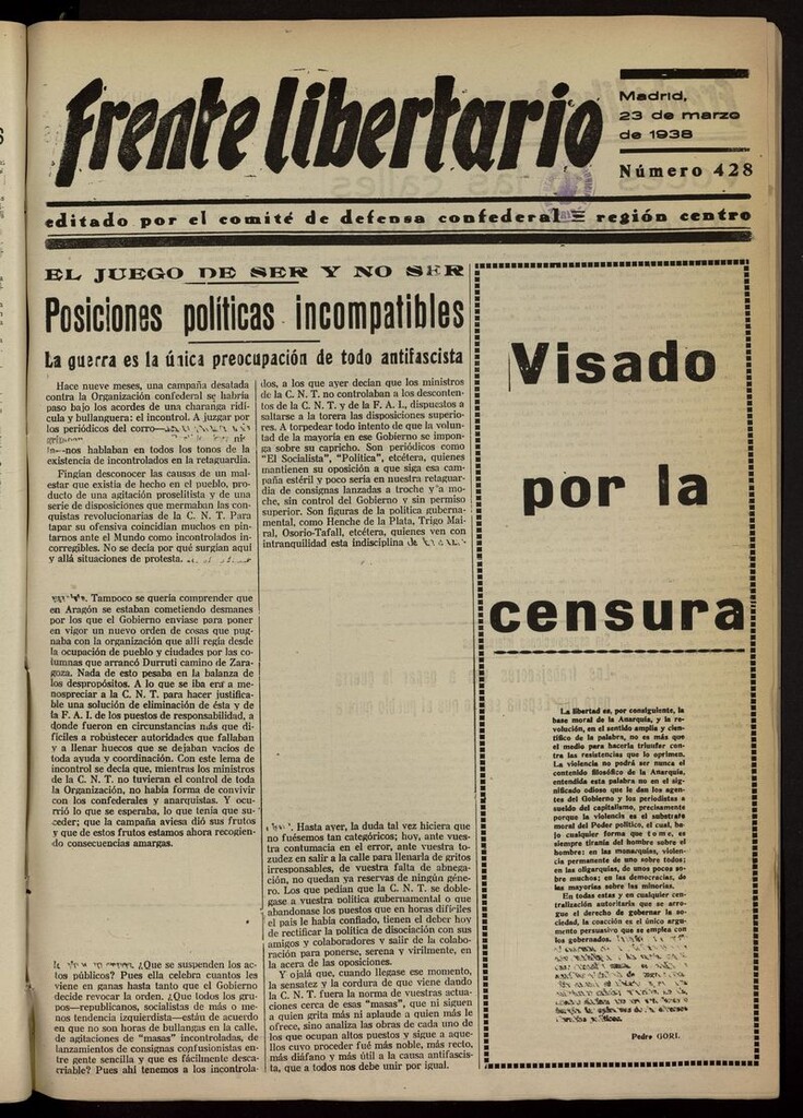 Miniatura de Frente Libertario: Órgano de las Milicias Confederales del 23 de marzo de 1938