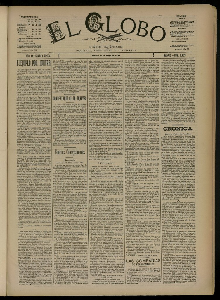 Miniatura de El Globo : diario ilustrado del 19 de mayo de 1894, nº 6763