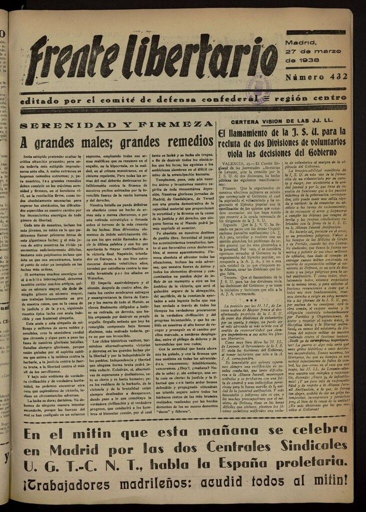 Miniatura de Frente Libertario: Órgano de las Milicias Confederales del 27 de marzo de 1938