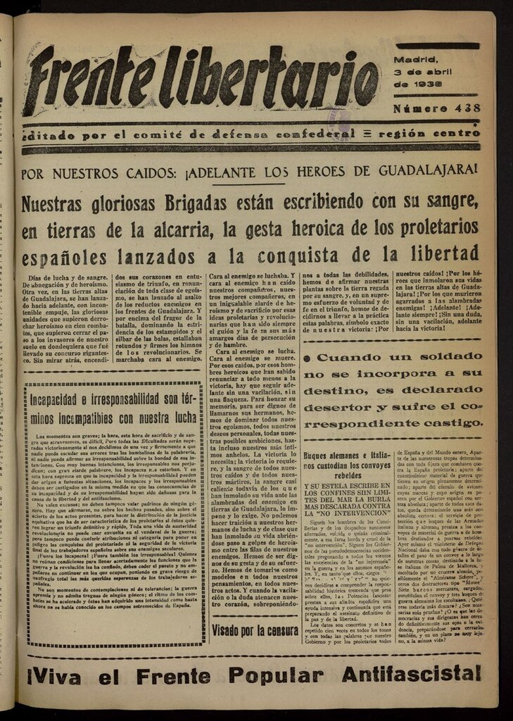 Miniatura de Frente Libertario: Órgano de las Milicias Confederales del 3 de abril de 1938