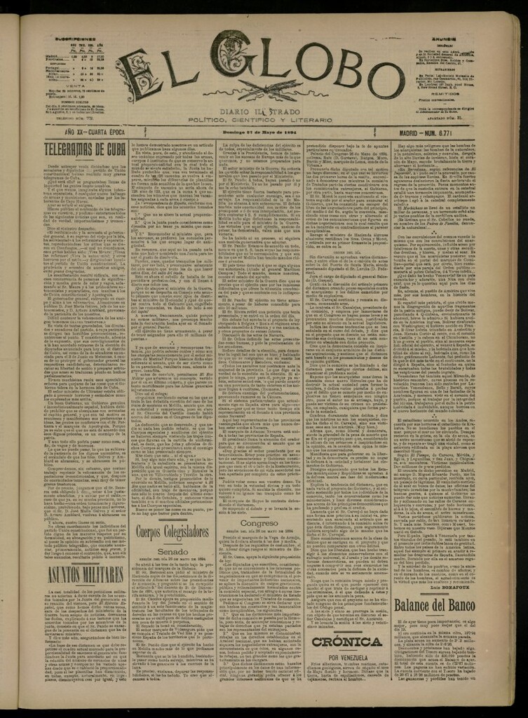 Miniatura de El Globo : diario ilustrado del 27 de mayo de 1894, nº 6771