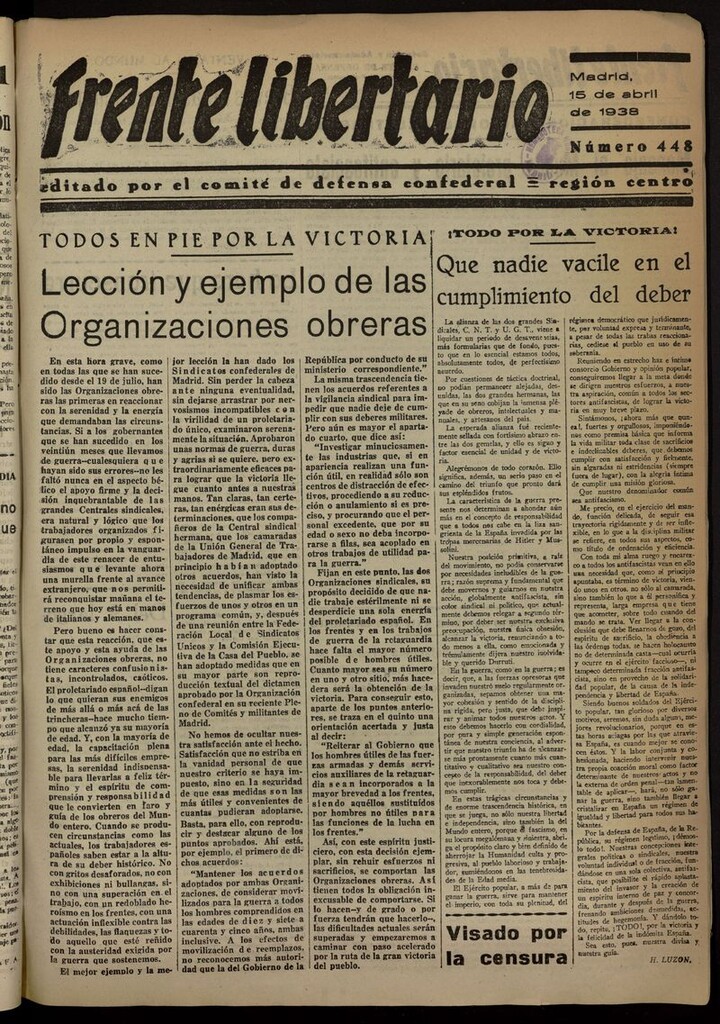 Miniatura de Frente Libertario: Órgano de las Milicias Confederales del 15 de abril de 1938