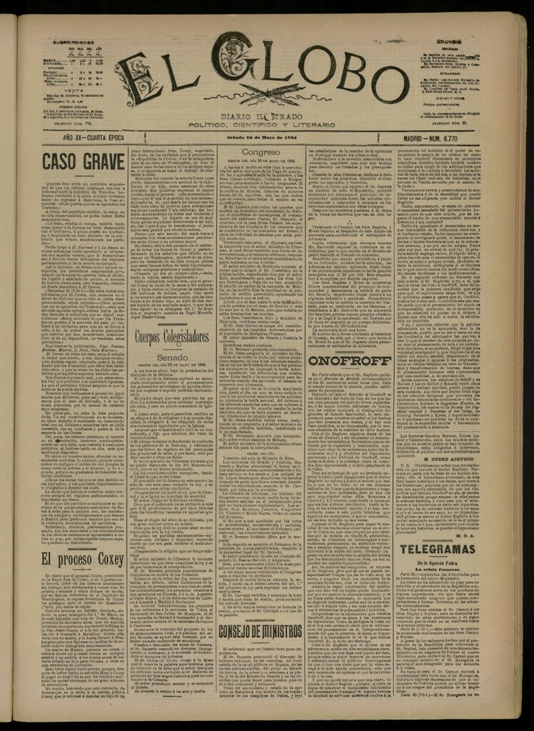 Miniatura de El Globo : diario ilustrado del 26 de mayo de 1894, nº 6770