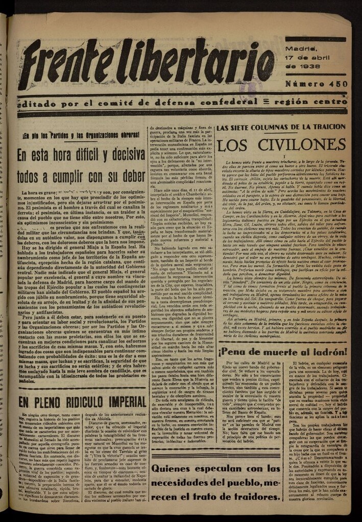Miniatura de Frente Libertario: Órgano de las Milicias Confederales del 17 de abril de 1938