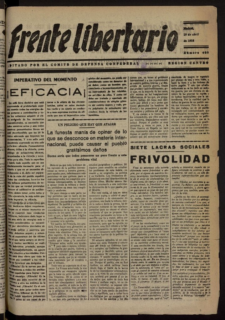 Miniatura de Frente Libertario: Órgano de las Milicias Confederales del 29 de abril de 1938