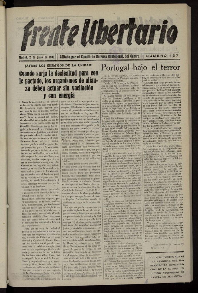 Miniatura de Frente Libertario: Órgano de las Milicias Confederales del 2 de junio de 1938