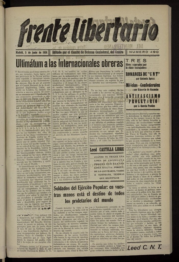 Miniatura de Frente Libertario: Órgano de las Milicias Confederales del 5 de junio de 1938