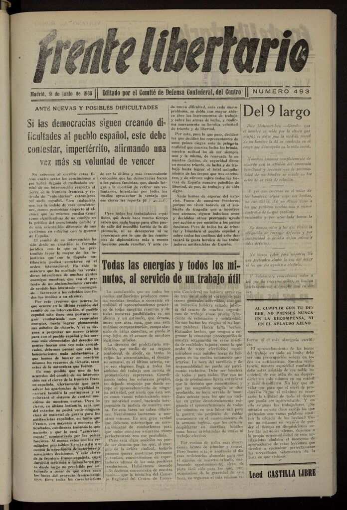 Miniatura de Frente Libertario: Órgano de las Milicias Confederales del 9 de junio de 1938