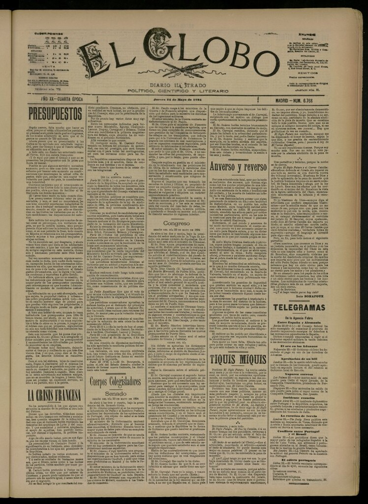 Miniatura de El Globo : diario ilustrado del 24 de mayo de 1894, nº 6768