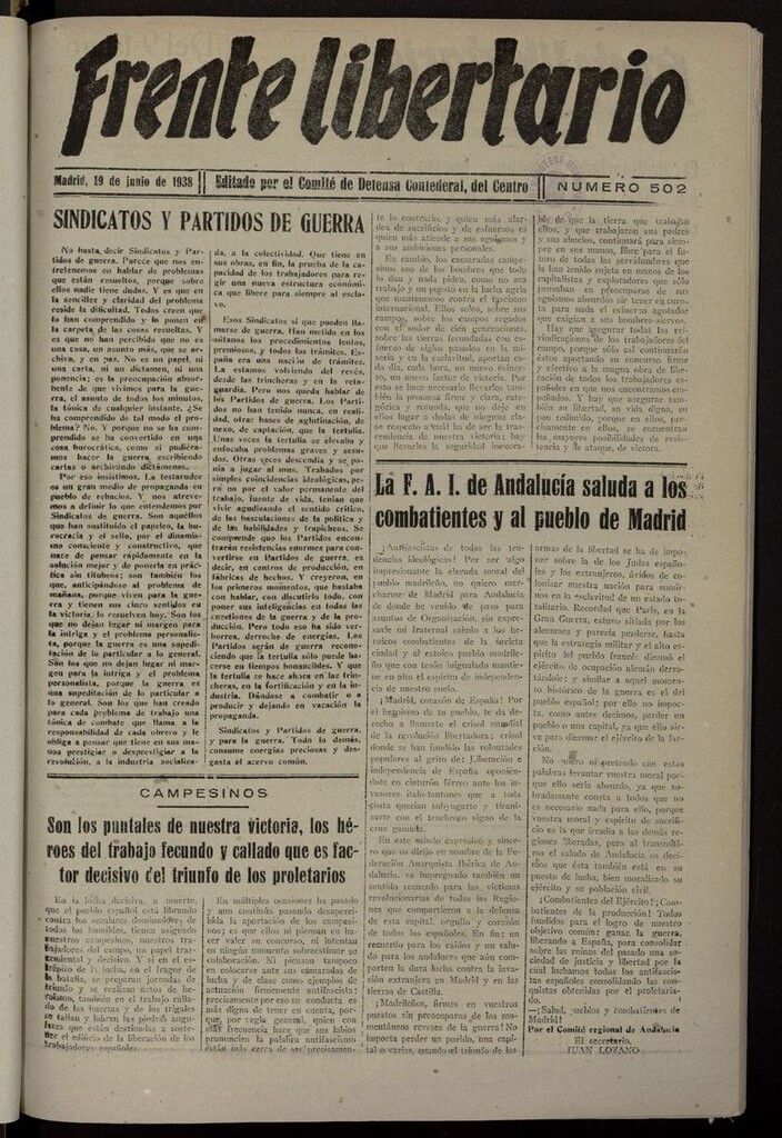 Miniatura de Frente Libertario: Órgano de las Milicias Confederales del 19 de junio de 1938