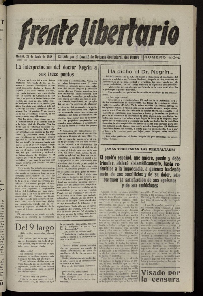 Miniatura de Frente Libertario: Órgano de las Milicias Confederales del 22 de junio de 1938