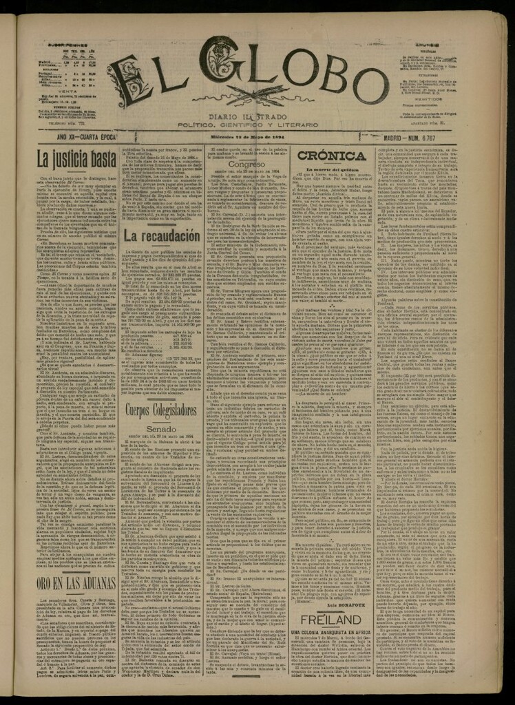 Miniatura de El Globo : diario ilustrado del 23 de mayo de 1894, nº 6767