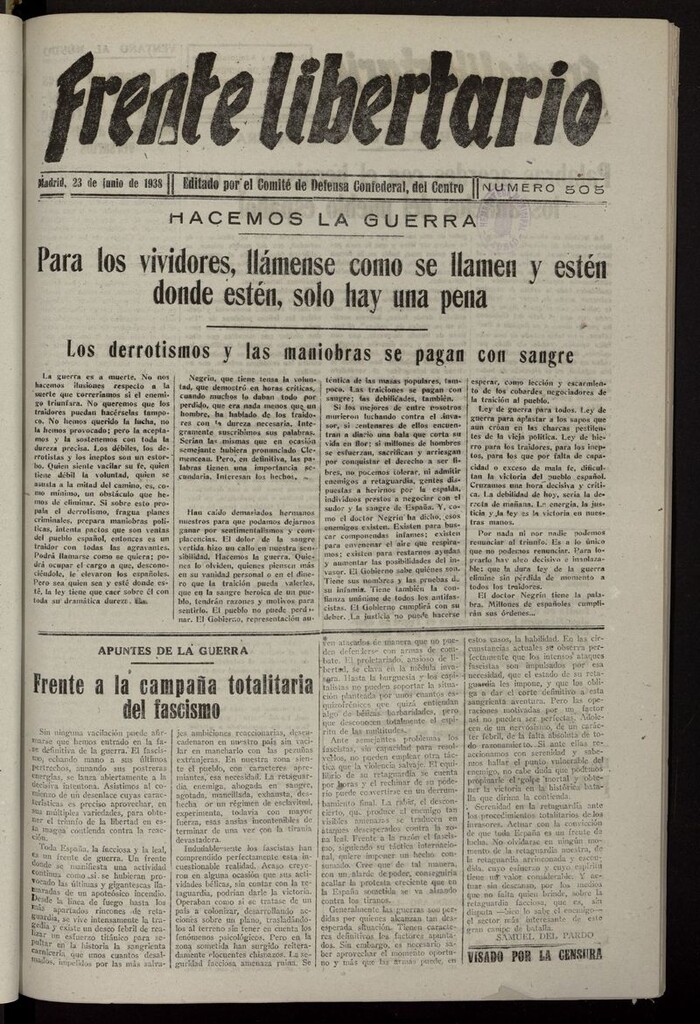 Miniatura de Frente Libertario: Órgano de las Milicias Confederales del 23 de junio de 1938