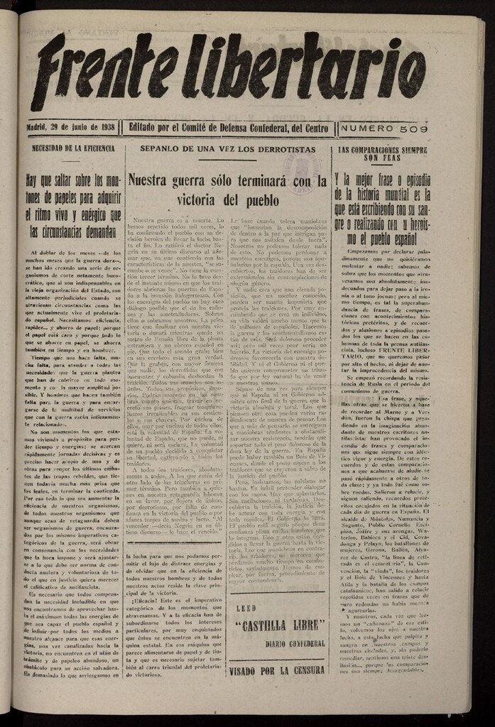 Miniatura de Frente Libertario: Órgano de las Milicias Confederales del 29 de junio de 1938