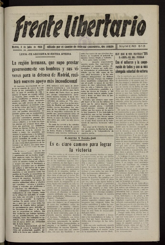 Miniatura de Frente Libertario: Órgano de las Milicias Confederales del 3 de julio de 1938