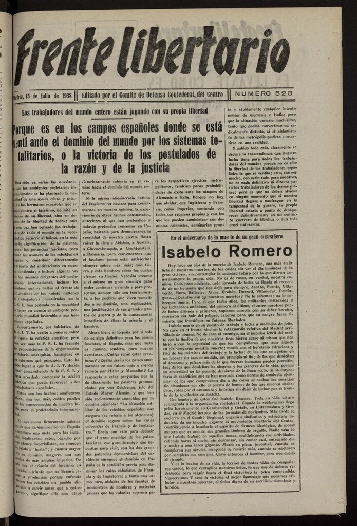 Miniatura de Frente Libertario: Órgano de las Milicias Confederales del 15 de julio de 1938