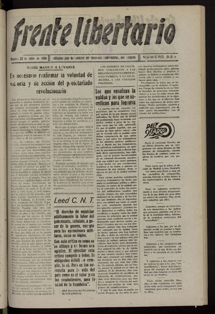 Miniatura de Frente Libertario: Órgano de las Milicias Confederales del 22 de julio de 1938