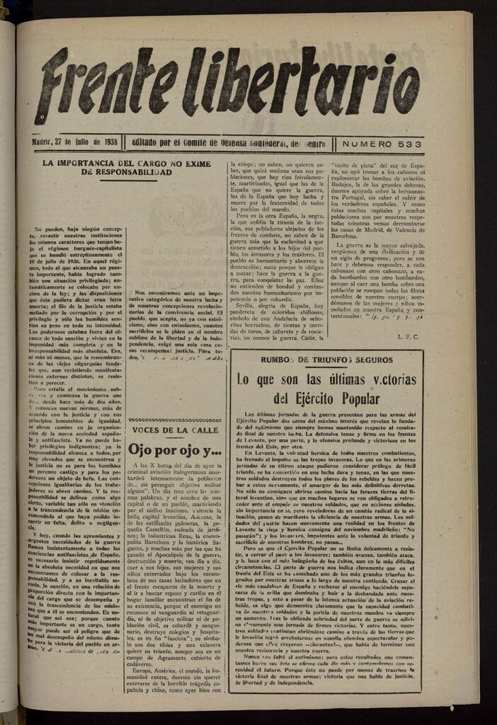 Miniatura de Frente Libertario: Órgano de las Milicias Confederales del 27 de julio de 1938