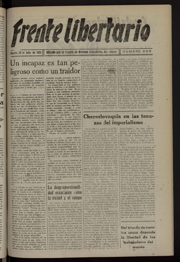 Miniatura de Frente Libertario: Órgano de las Milicias Confederales del 29 de julio de 1938