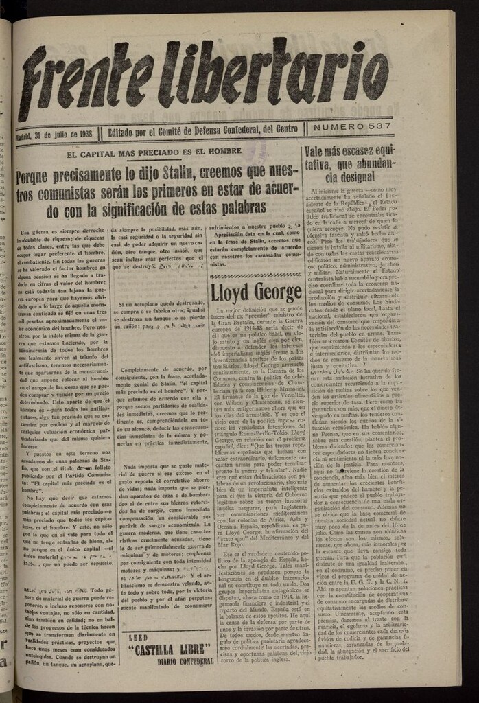 Miniatura de Frente Libertario: Órgano de las Milicias Confederales del 31 de julio de 1938
