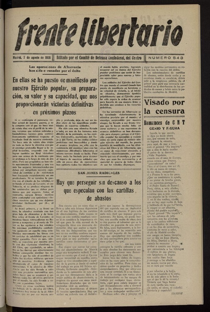 Miniatura de Frente Libertario: Órgano de las Milicias Confederales del 7 de agosto de 1938