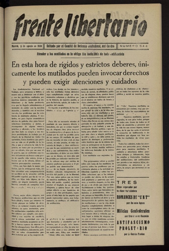 Miniatura de Frente Libertario: Órgano de las Milicias Confederales del 9 de agosto de 1938