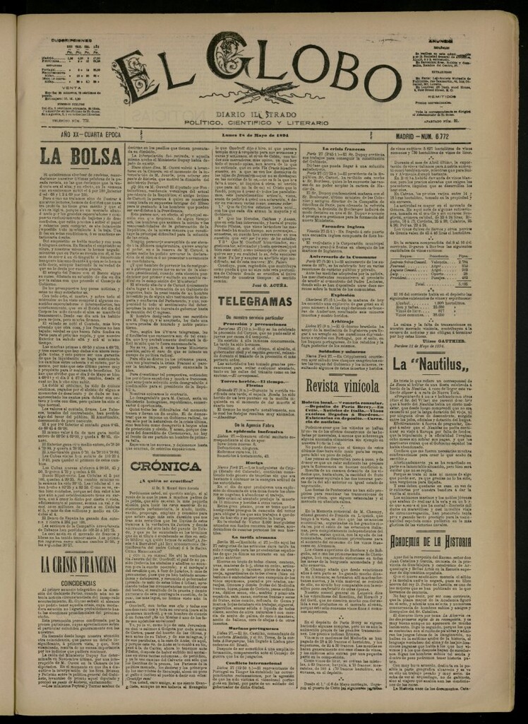 Miniatura de El Globo : diario ilustrado del 28 de mayo de 1894, nº 6772