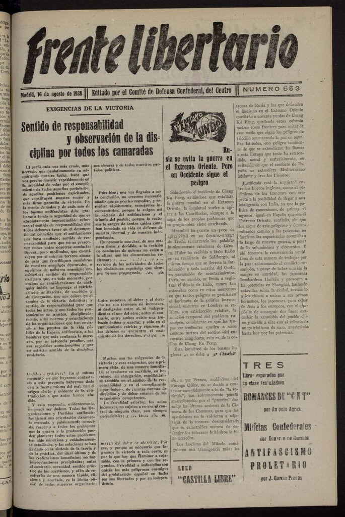 Miniatura de Frente Libertario: Órgano de las Milicias Confederales del 16 de agosto de 1938