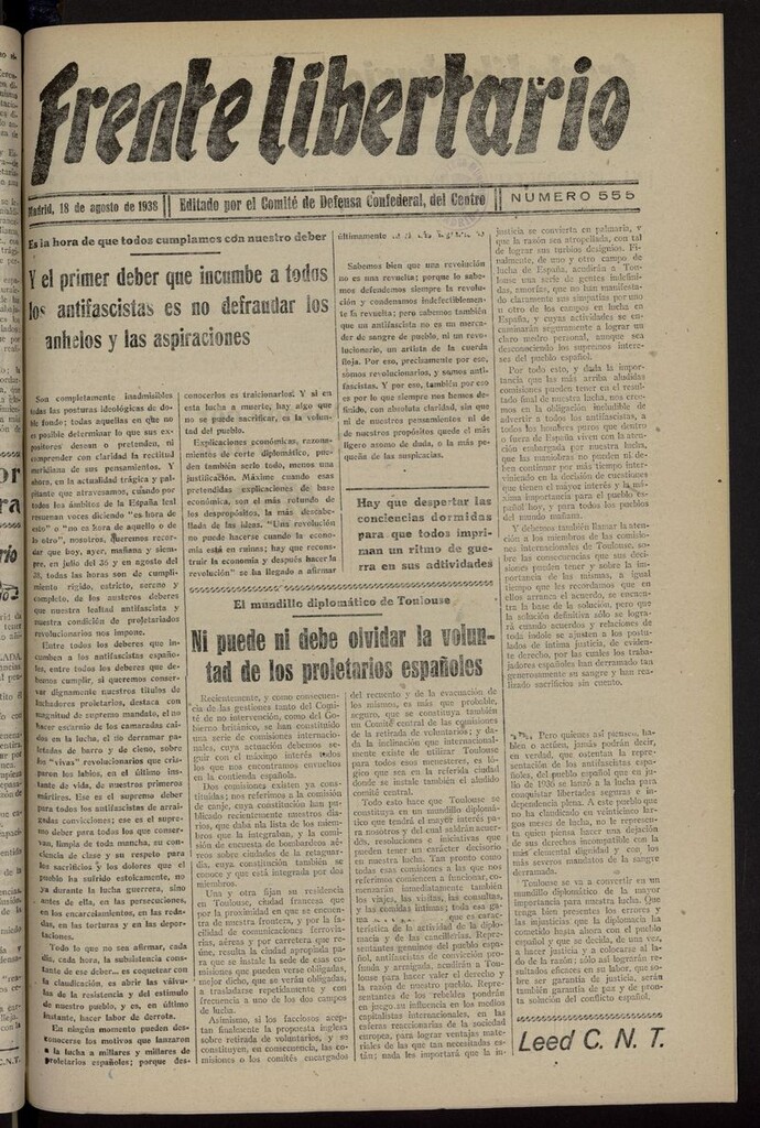 Miniatura de Frente Libertario: Órgano de las Milicias Confederales del 18 de agosto de 1938