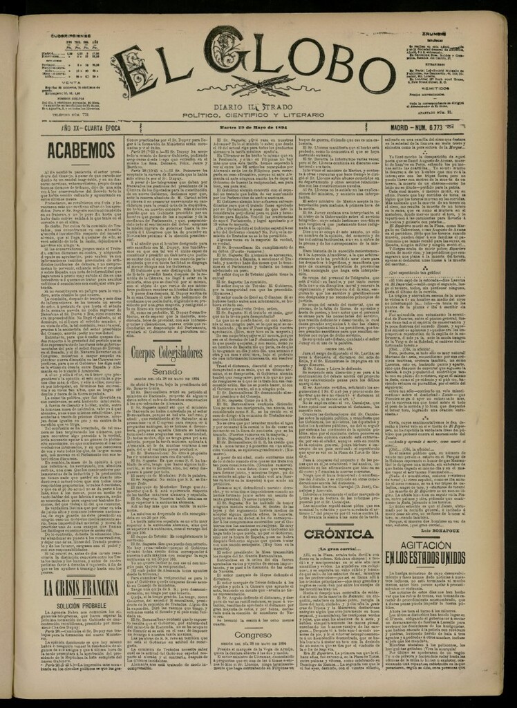 Miniatura de El Globo : diario ilustrado del 29 de mayo de 1894, nº 6773