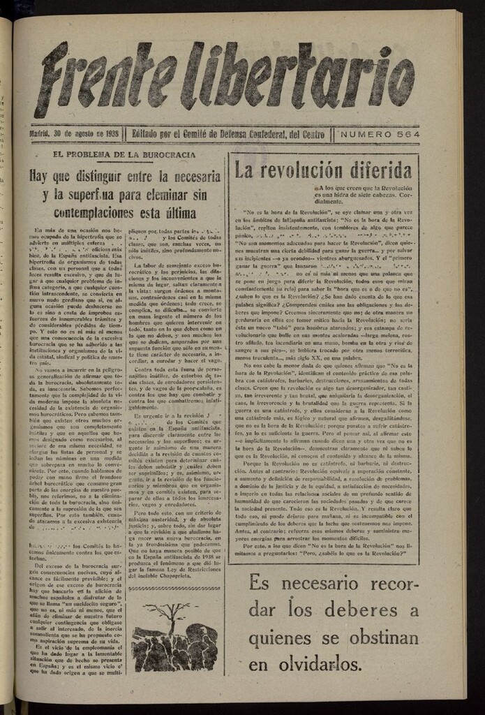 Miniatura de Frente Libertario: Órgano de las Milicias Confederales del 30 de agosto de 1938