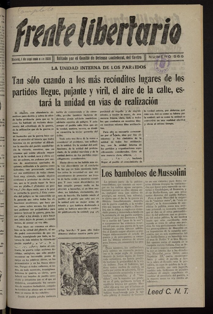 Miniatura de Frente Libertario: Órgano de las Milicias Confederales del 1 de septiembre de 1938