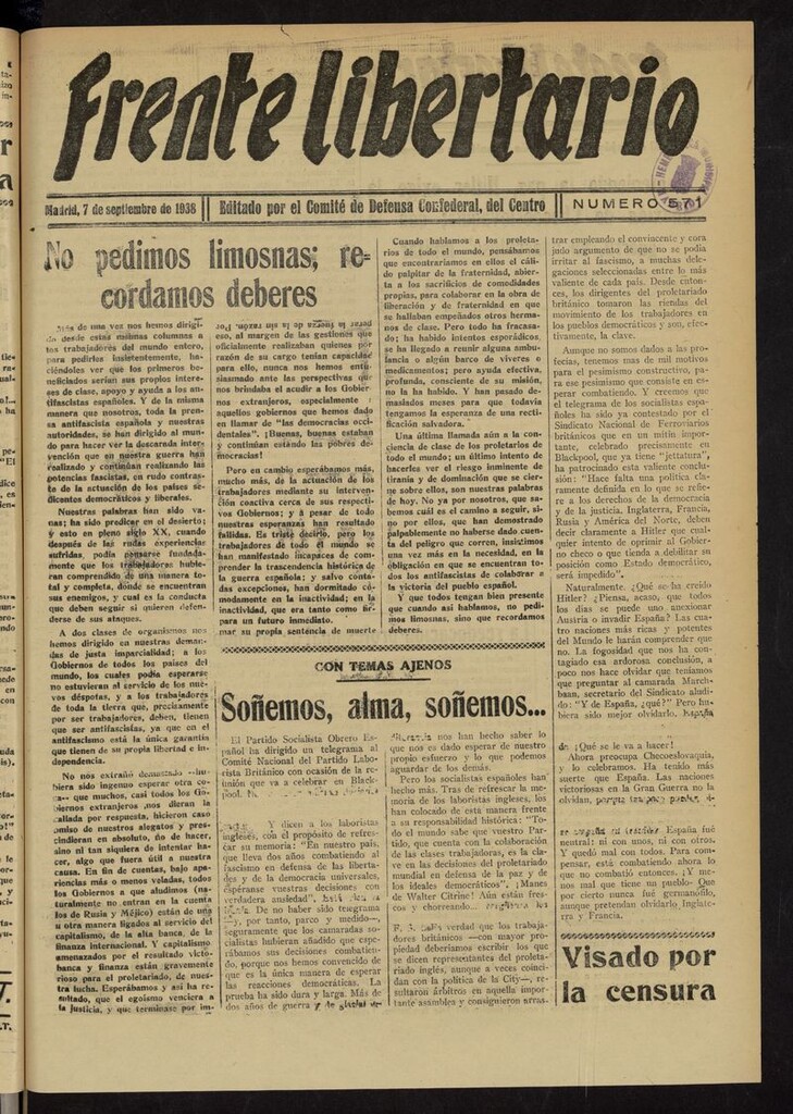 Miniatura de Frente Libertario: Órgano de las Milicias Confederales del 7 de septiembre de 1938