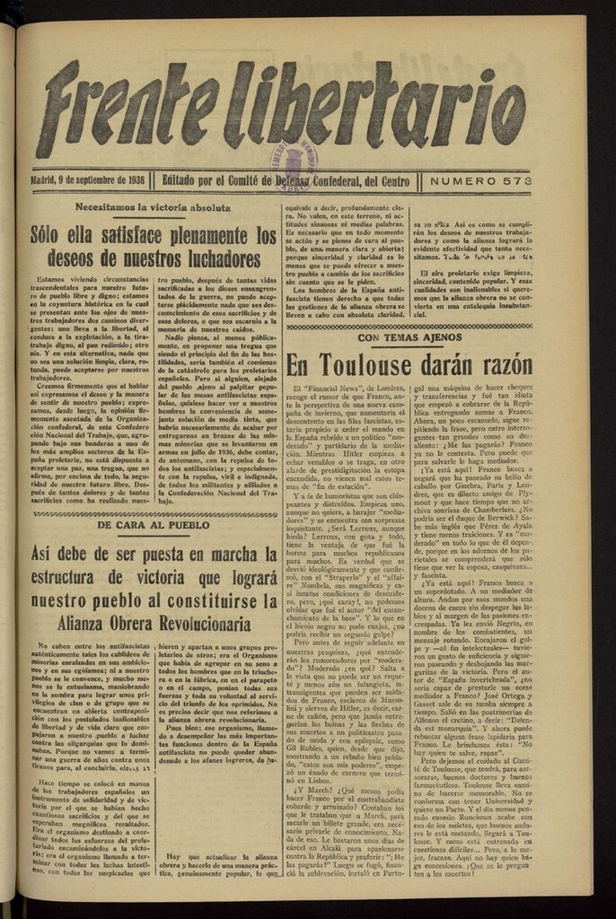 Miniatura de Frente Libertario: Órgano de las Milicias Confederales del 9 de septiembre de 1938