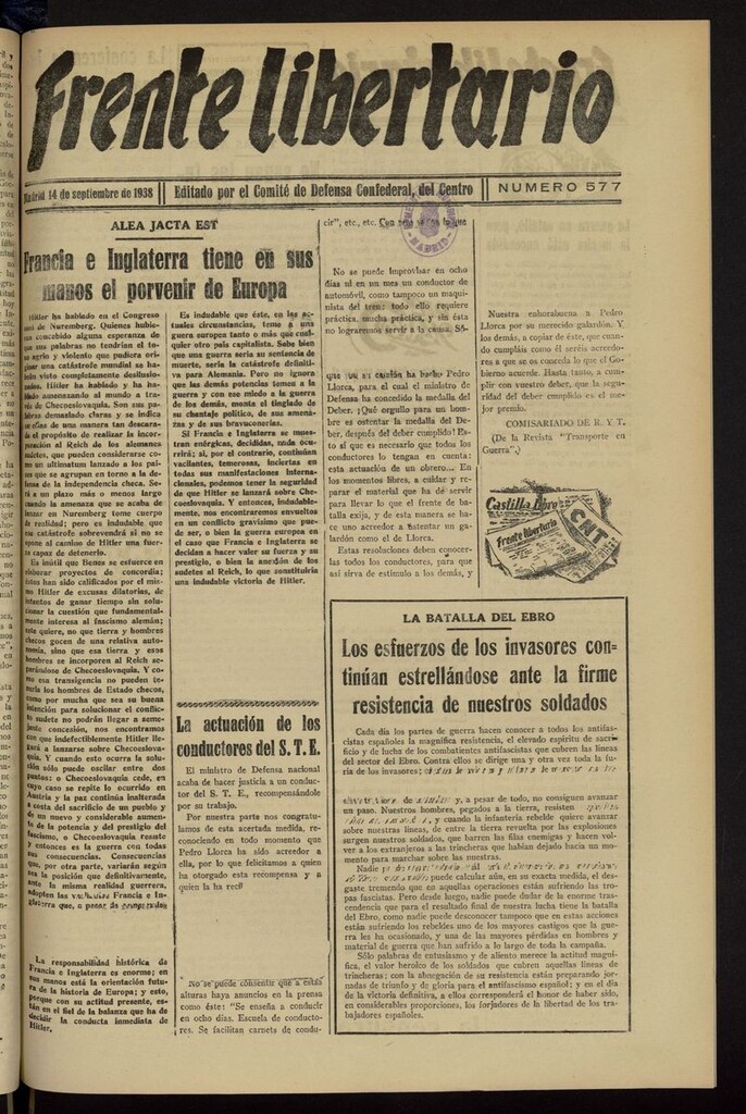 Miniatura de Frente Libertario: Órgano de las Milicias Confederales del 14 de septiembre de1938