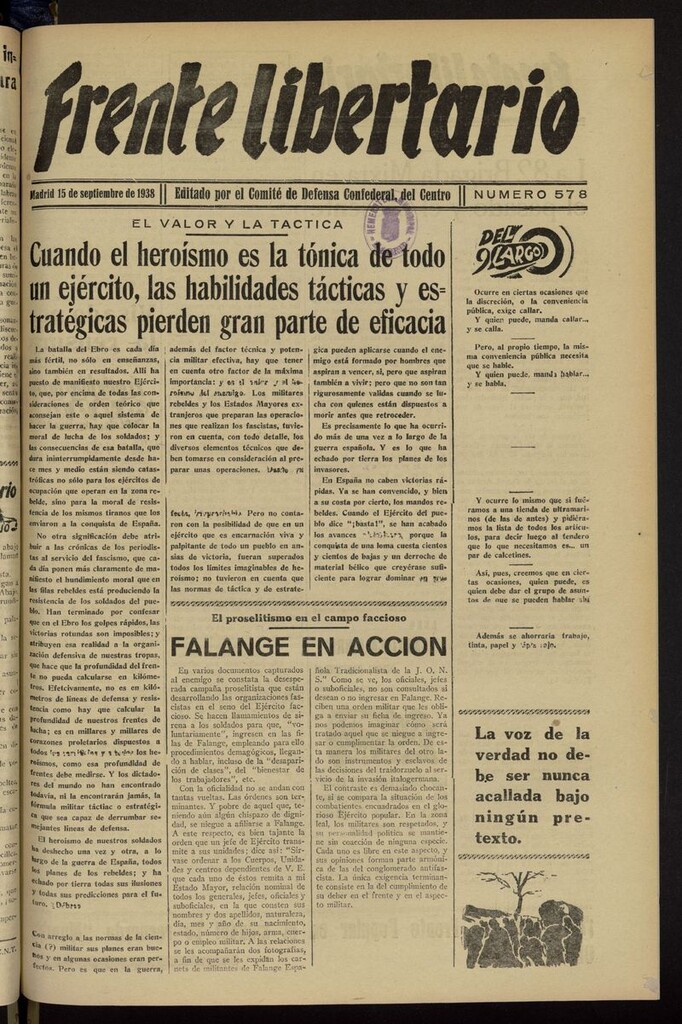 Miniatura de Frente Libertario: Órgano de las Milicias Confederales del 15 de septiembre de 1938