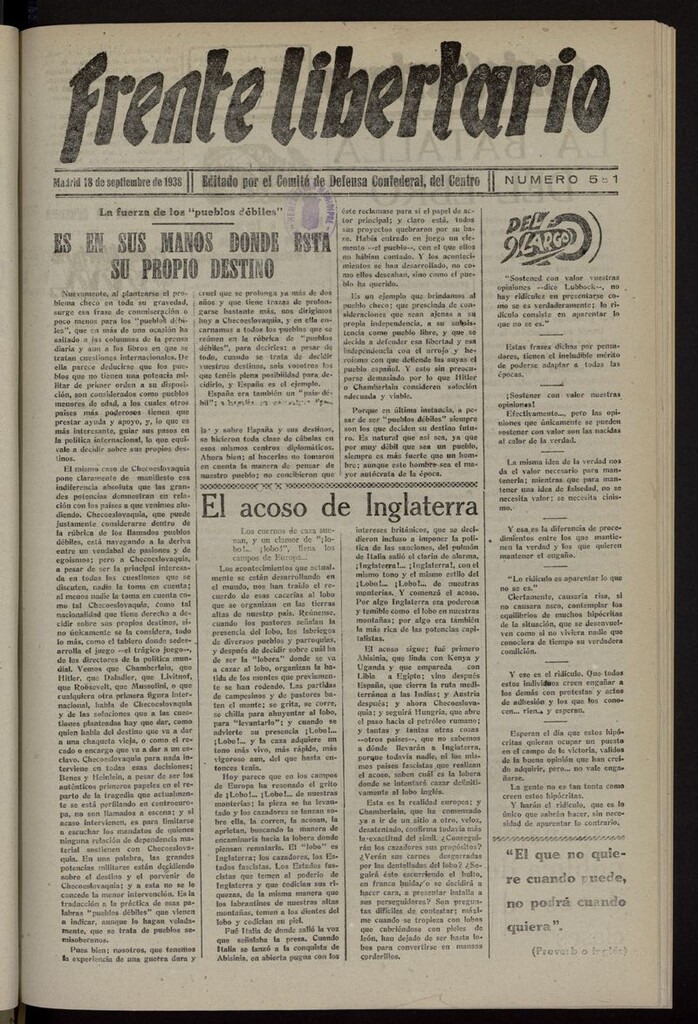 Miniatura de Frente Libertario: Órgano de las Milicias Confederales del 18 de septiembre de 1938