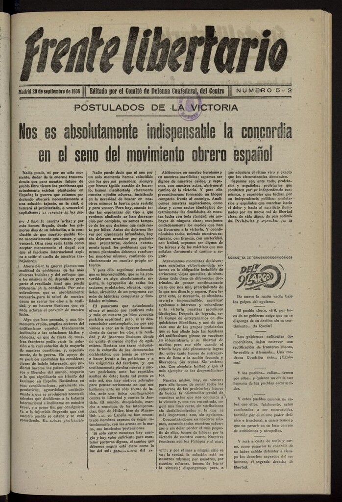 Miniatura de Frente Libertario: Órgano de las Milicias Confederales del 20 de septiembre de 1938