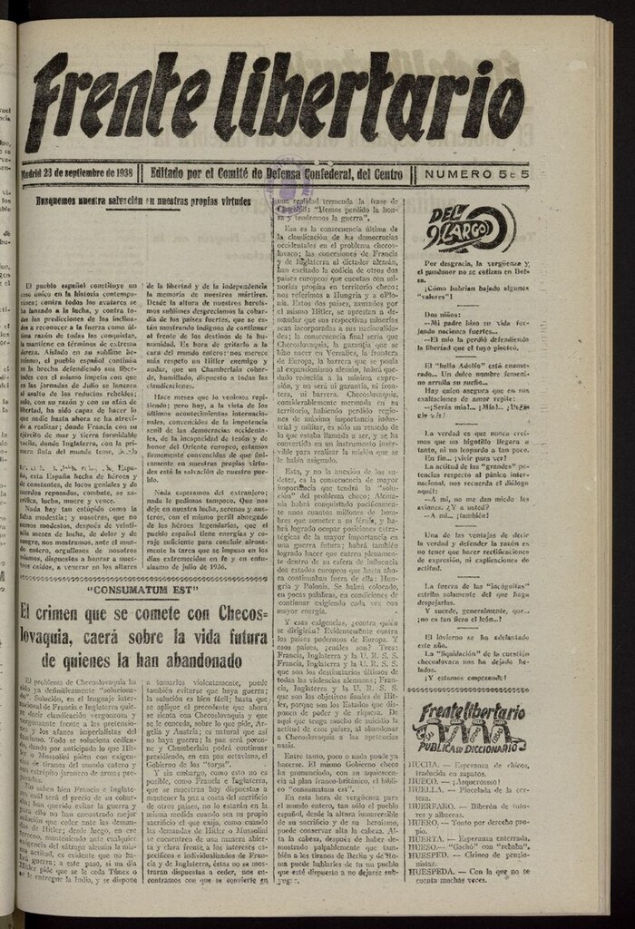 Miniatura de Frente Libertario: Órgano de las Milicias Confederales del 23 de septiembre de 1938