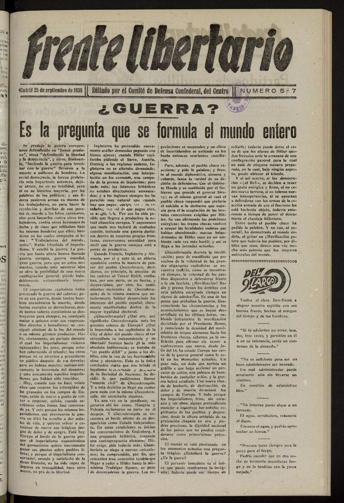 Miniatura de Frente Libertario: Órgano de las Milicias Confederales del 25 de septiembre de 1938