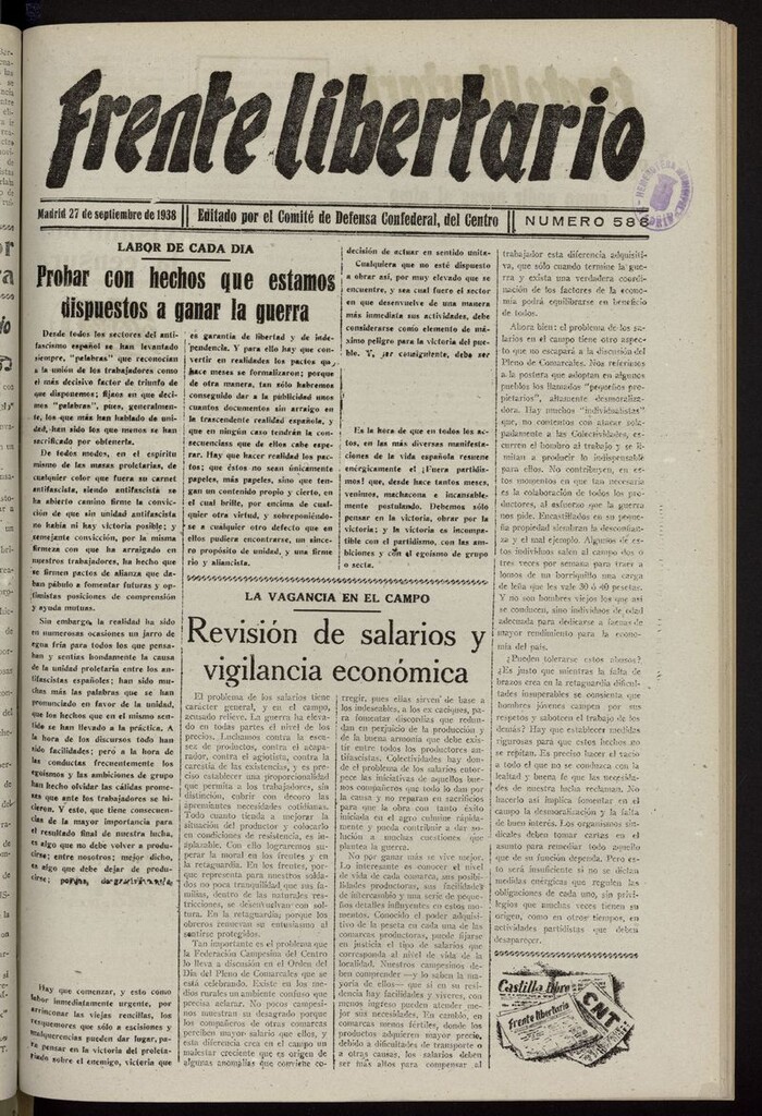Miniatura de Frente Libertario: Órgano de las Milicias Confederales del 27 de septiembre de 1938