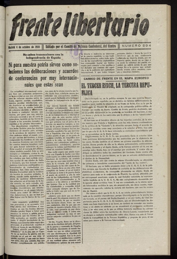 Miniatura de Frente Libertario: Órgano de las Milicias Confederales del 4 de octubre de 1938